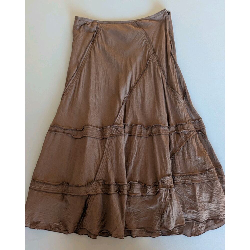 Nice + Zoe Brown Cotton Silk Midi Skirt 14 Tiered Boho Festival Western Cowgirl